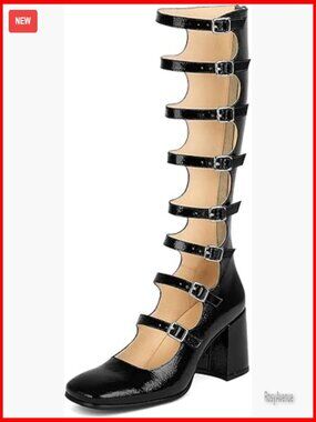 Knee High Combat Boots Chunky Block Heel Square Toe Buckles Back Zip Gothic Punk
